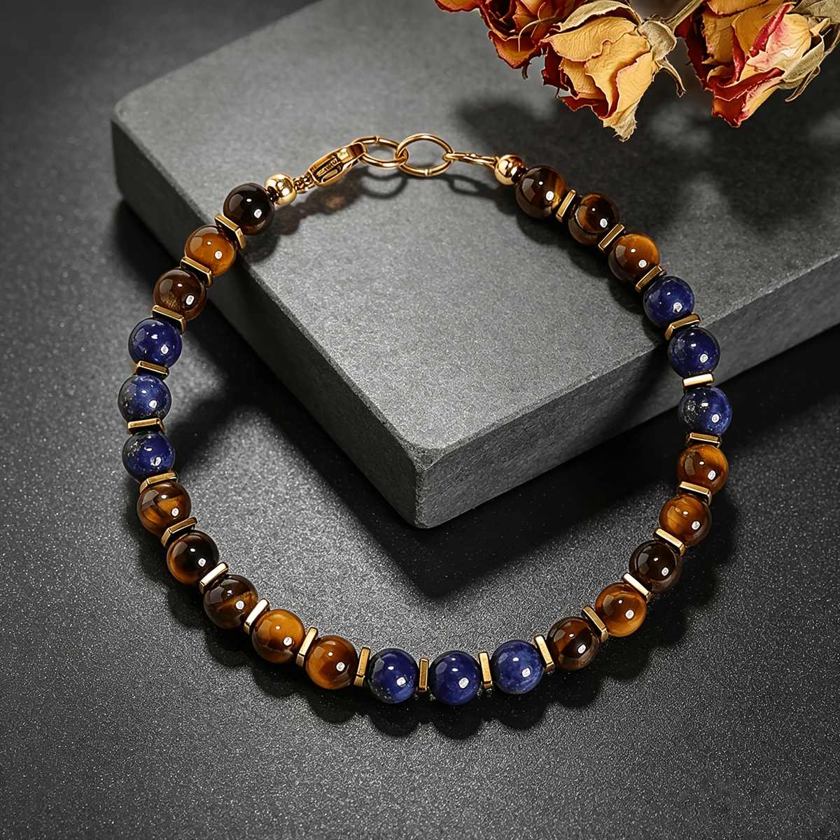 Natural Tiger's Eye & Lapis Lazuli Beaded Bracelet, Unisex Adjustable